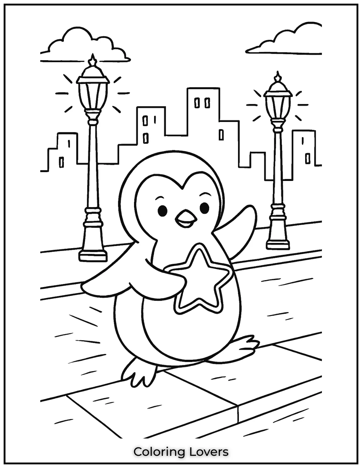 Penguin zooms down snowy hill under swirling snowflakes. Kids can color this with bright winter hues 2