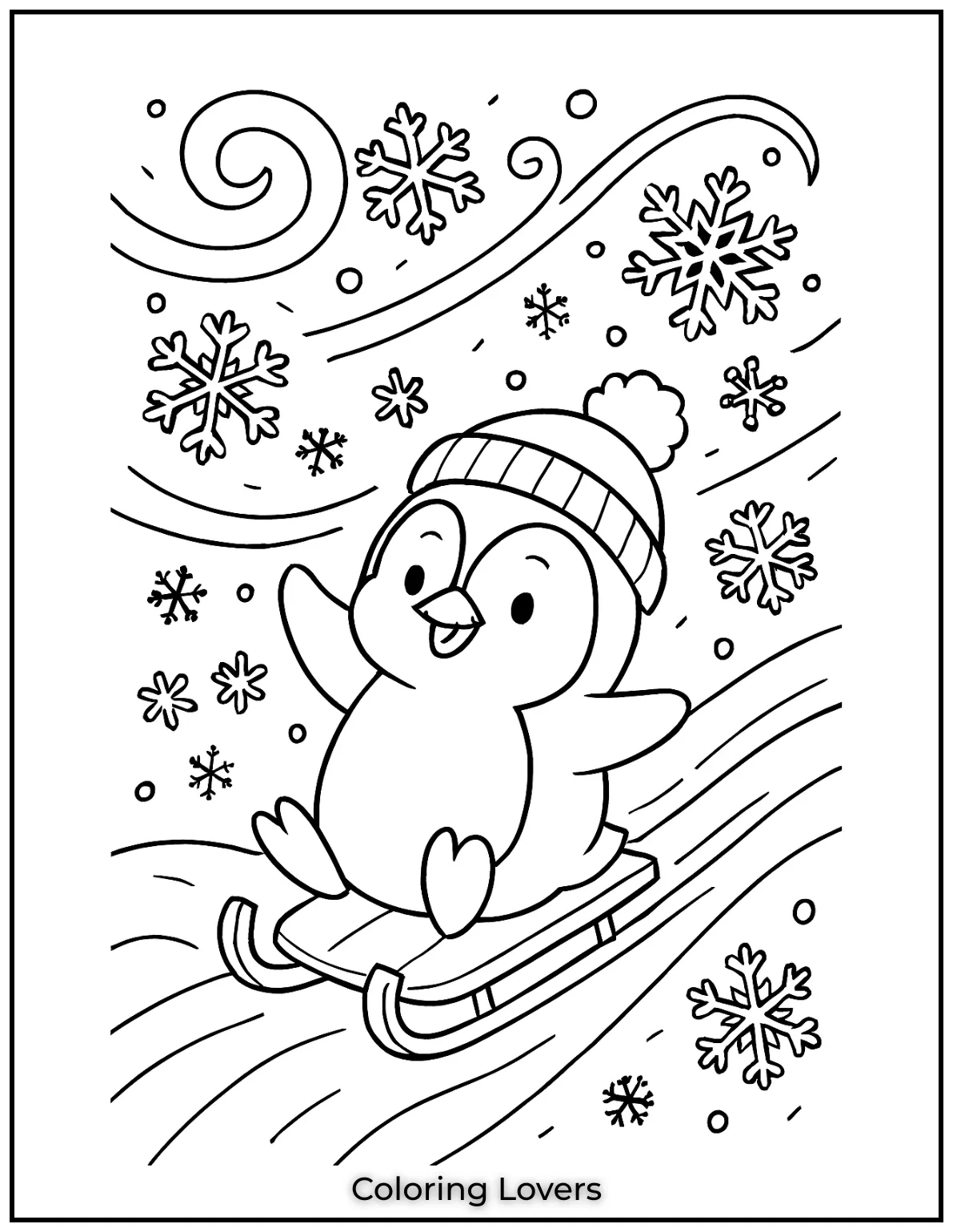 Penguin zooms down snowy hill under swirling snowflakes. Kids can color this with bright winter hues