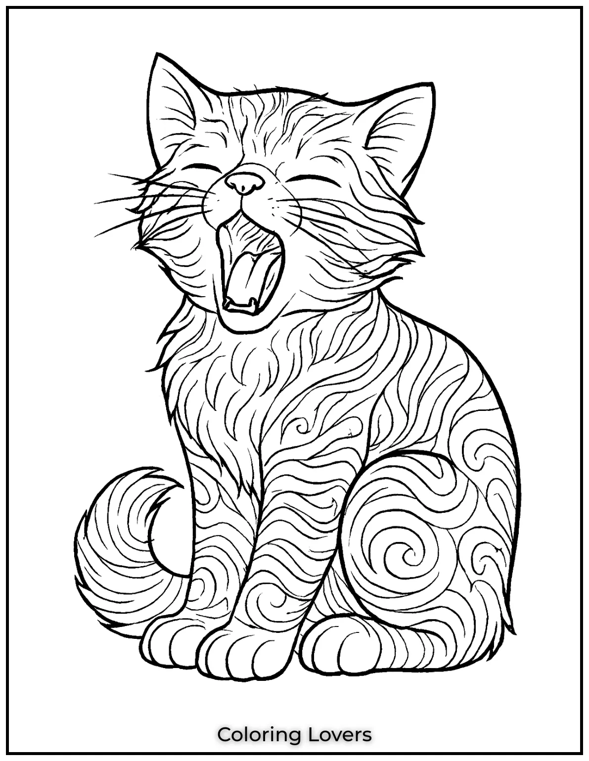 Perfect coloring sheet for adults a yawning kitten with intricate patterns