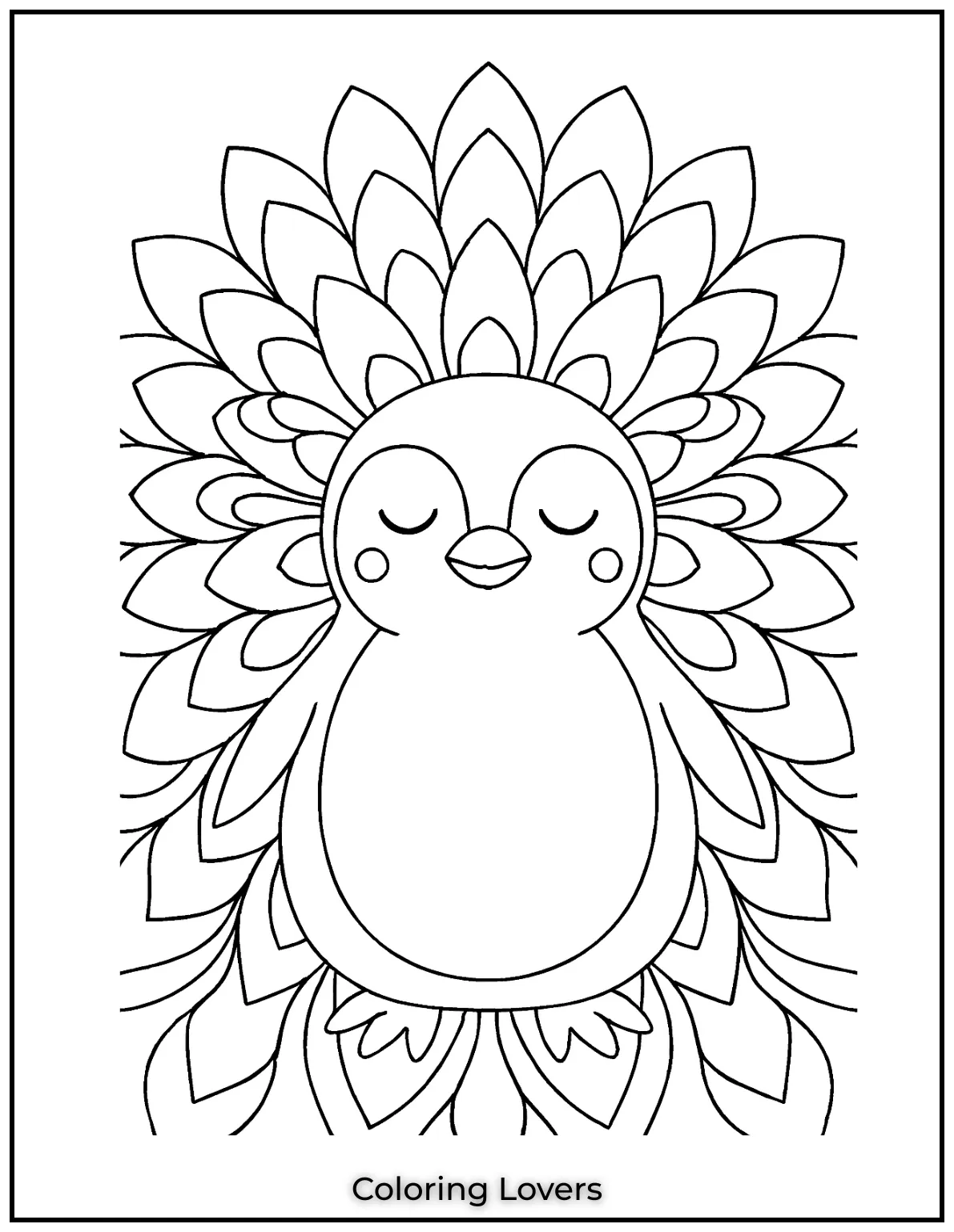 Petal like shapes radiate from the penguins eyes in elegant loops. Ideal for mindful coloring