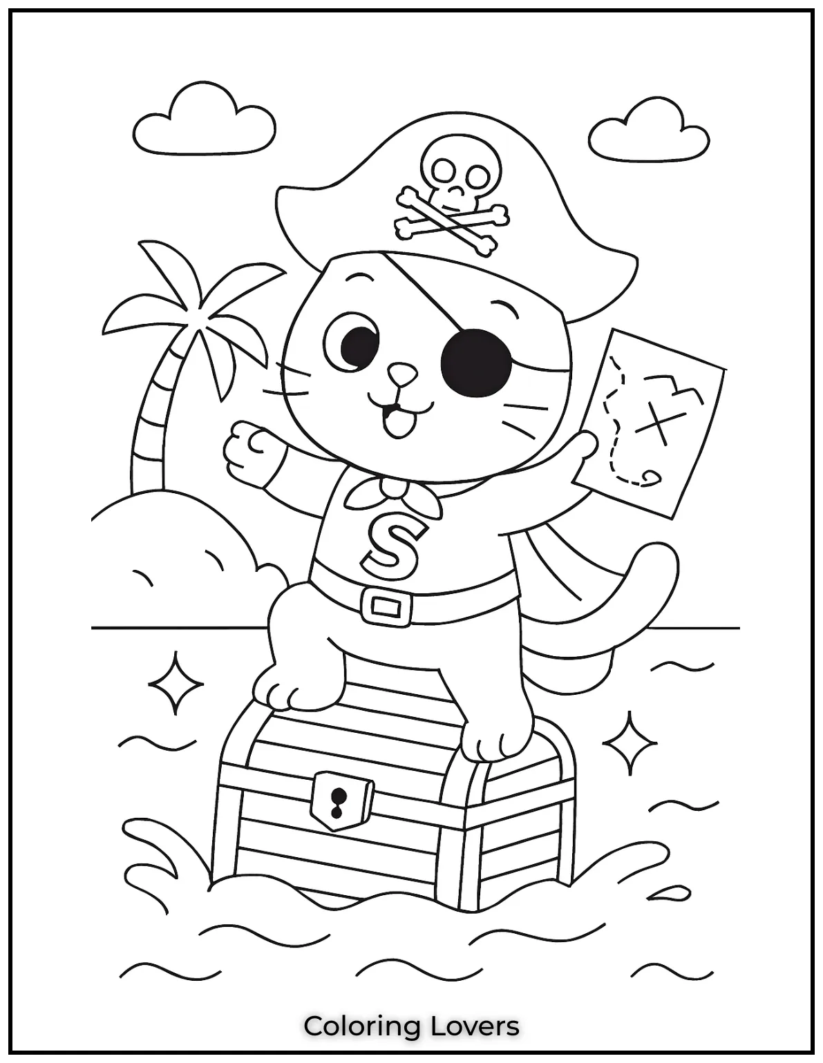 Pirate Cat balances on treasure chest map in paw waves sparkling around. This adventurous pirate journey comes alive in a fun coloring sheet