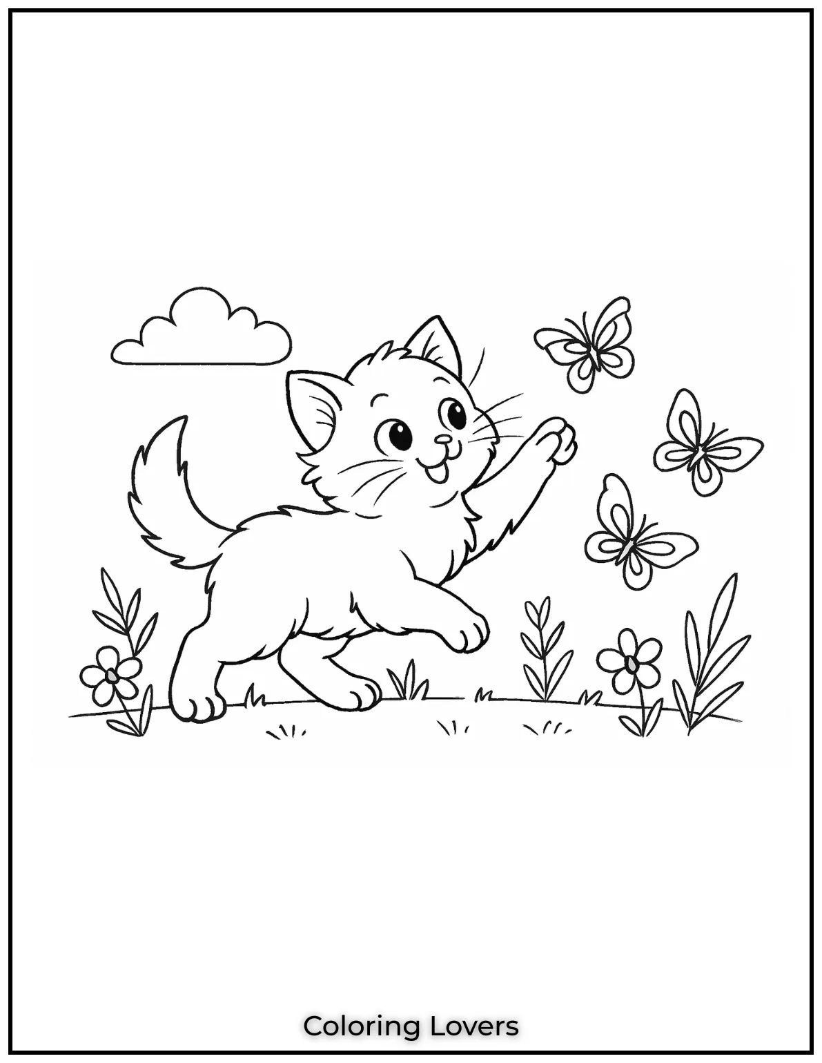 Playful kitten chasing butterflies in a coloring sheet