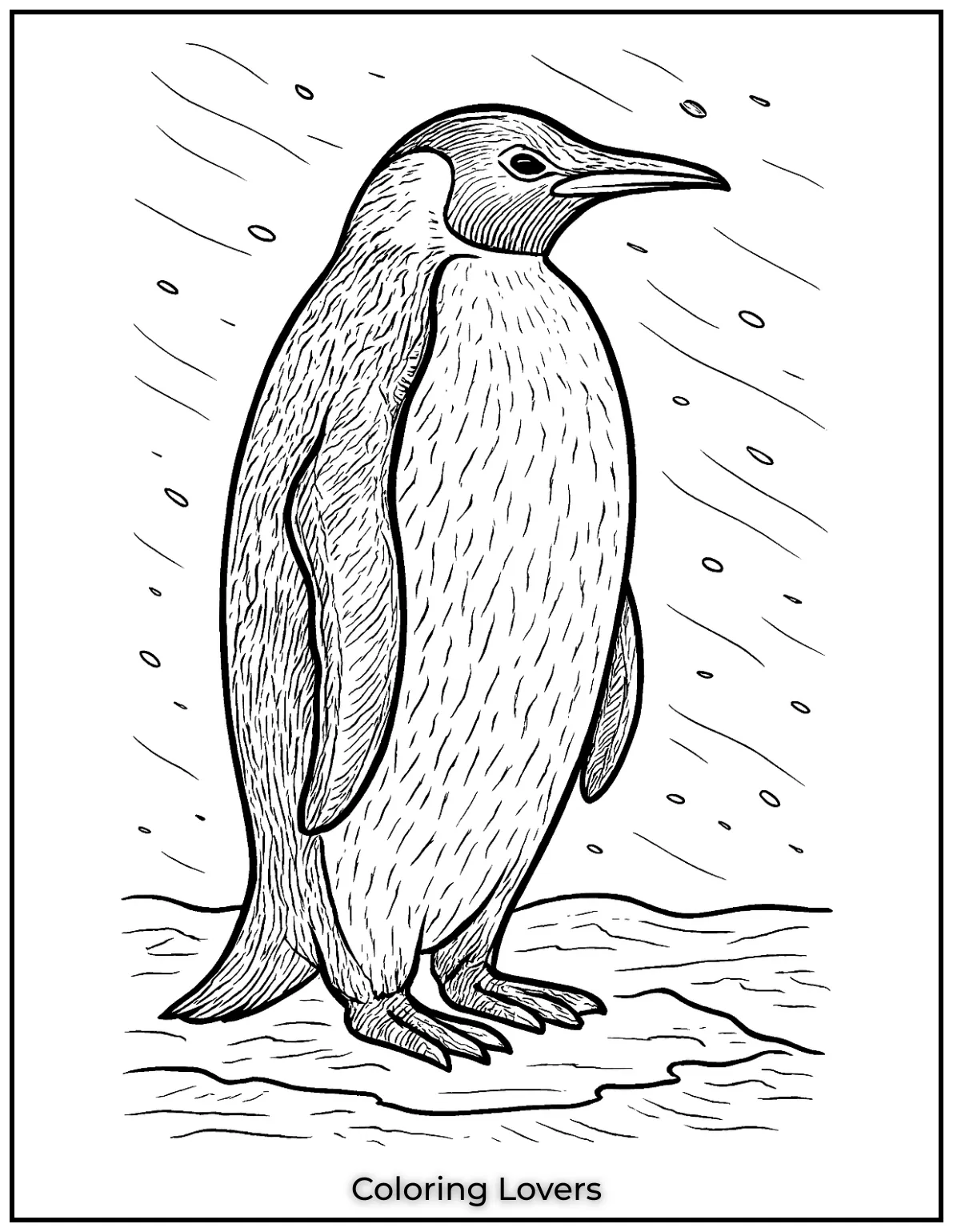 Realistic emperor penguin stands on sea ice with textured feathers and drifting snow