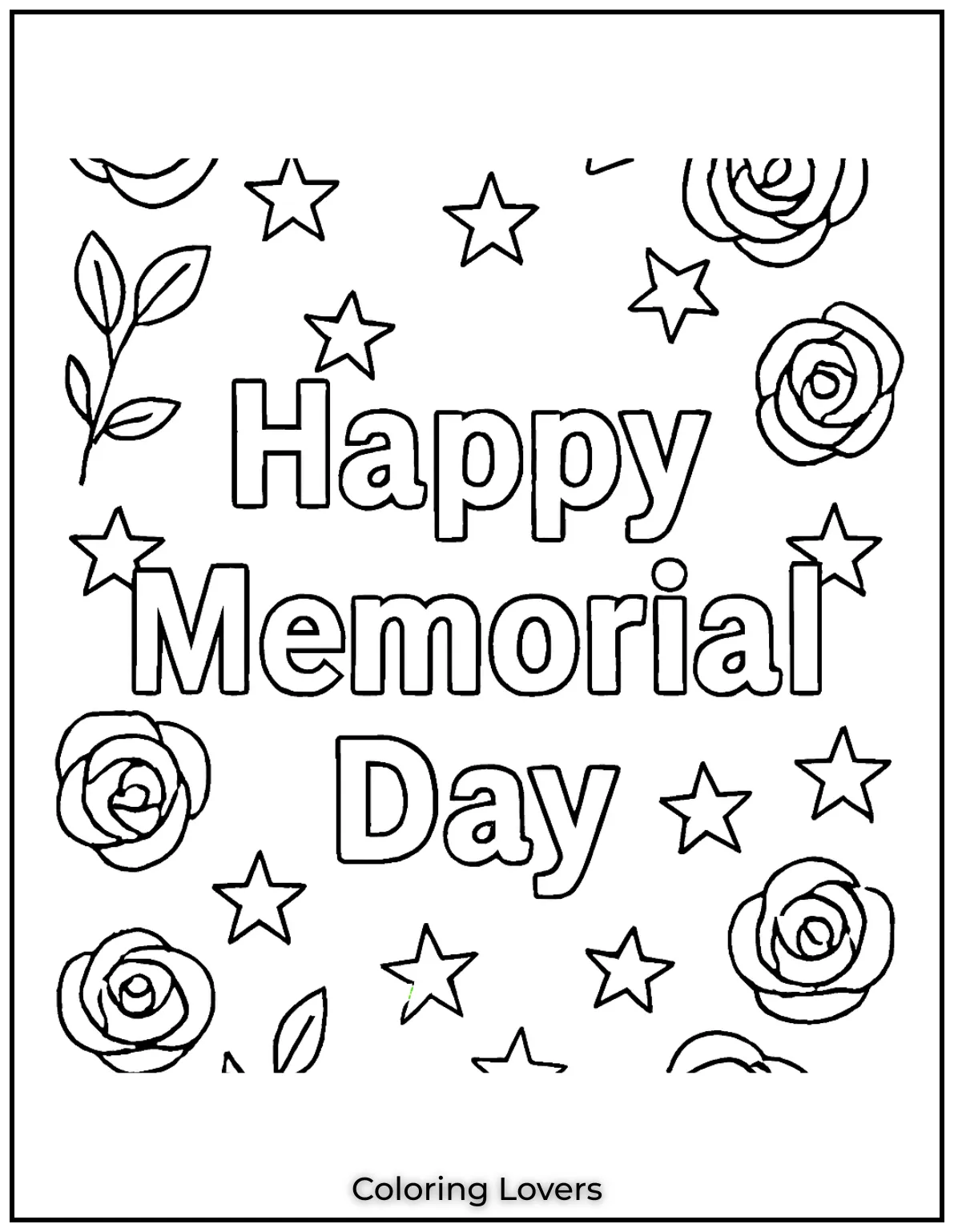 Roses and stars circle the gentle phrase Happy Memorial Day. One of our softest memorial day coloring pictures