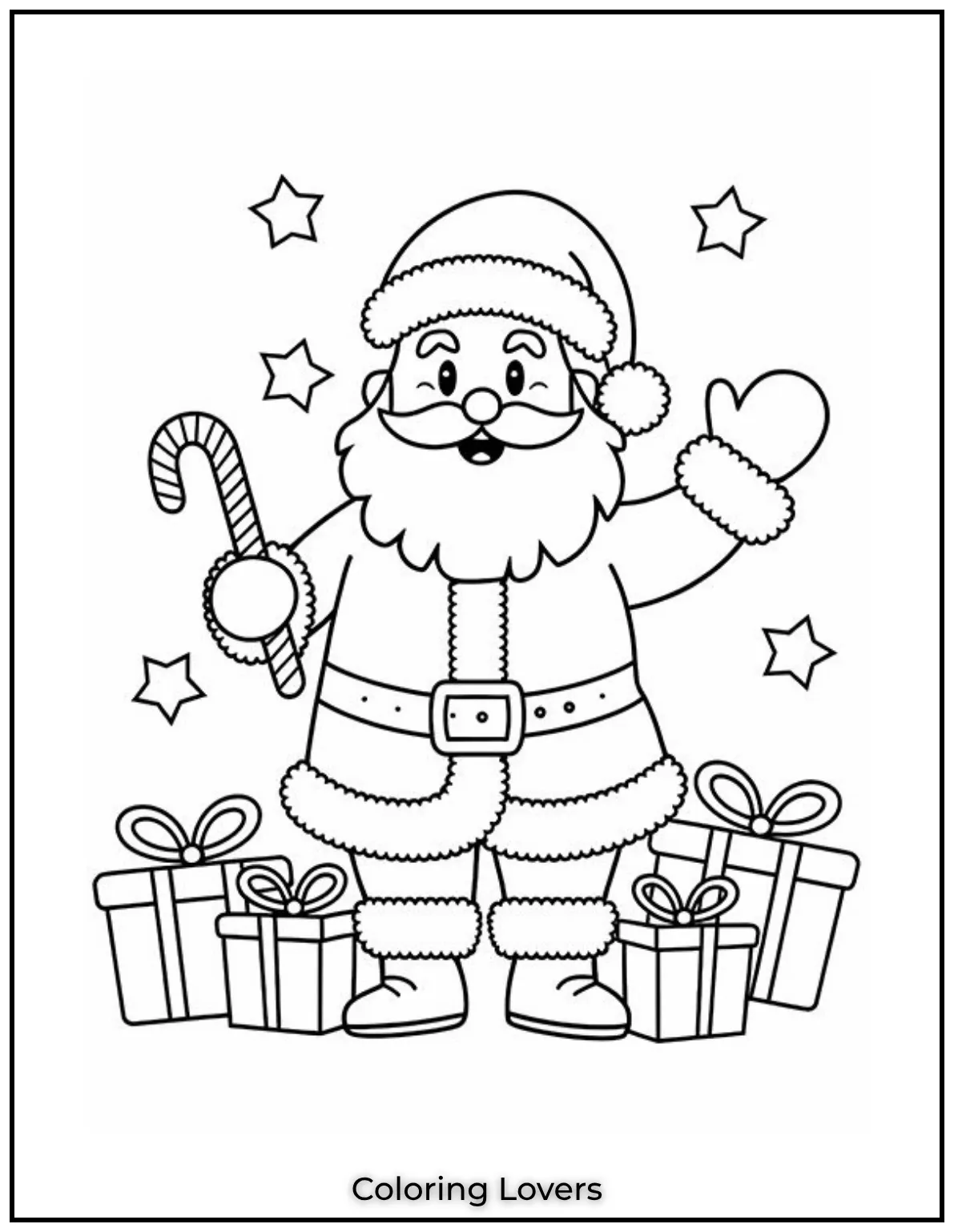 Santas here with his big smile and holiday gifts The sparkling stars make this scene extra cheerful