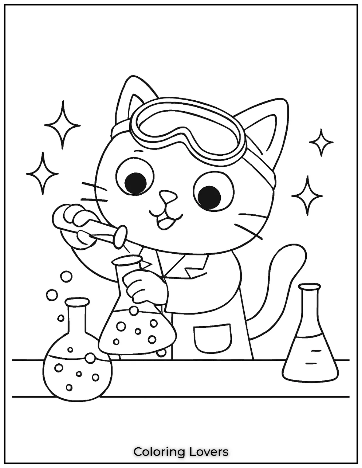 Scientist Cat mixes bubbling potions sparks glowing brightly goggles slipping slightly. A magical science experiment makes this such a unique coloring page