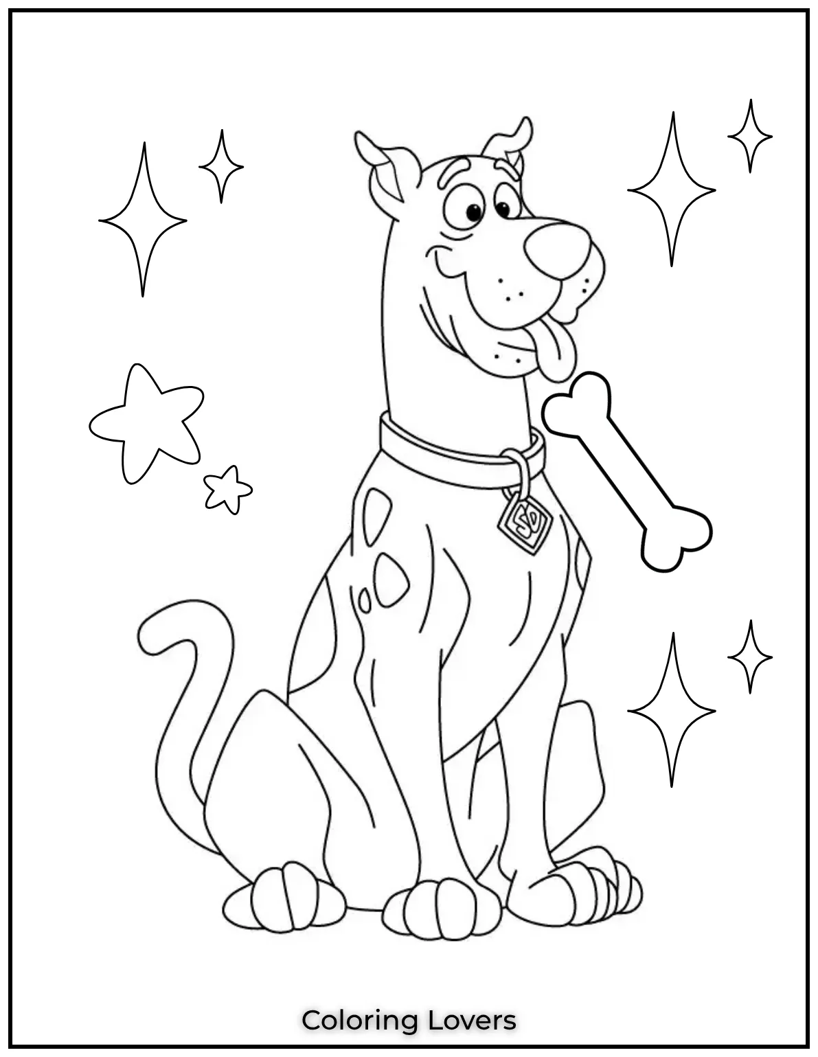 Scooby Doo sits proudly with his bone surrounded by stars. One of the best printable cute coloring pages for kids