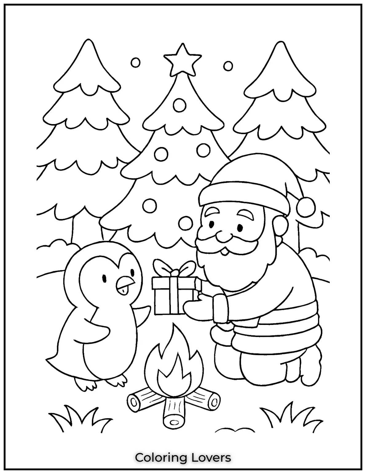 Snowy pines frame Santa offering a gift to an eager penguin beneath a Christmas tree. We hope this sparks warm color ideas and kindness
