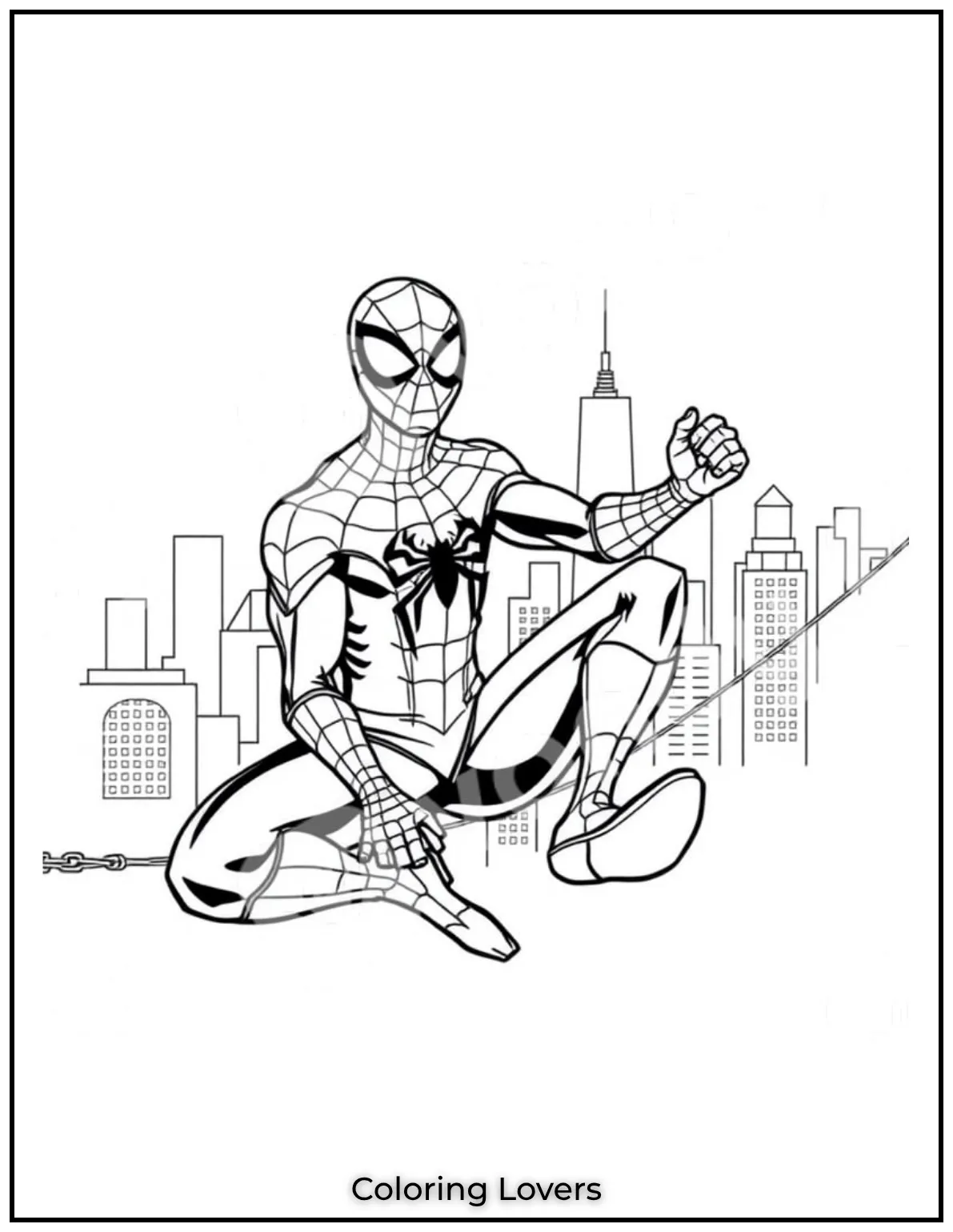 Spider Man sits confidently on his web watching over the city skyline. A dynamic and exciting coloring page
