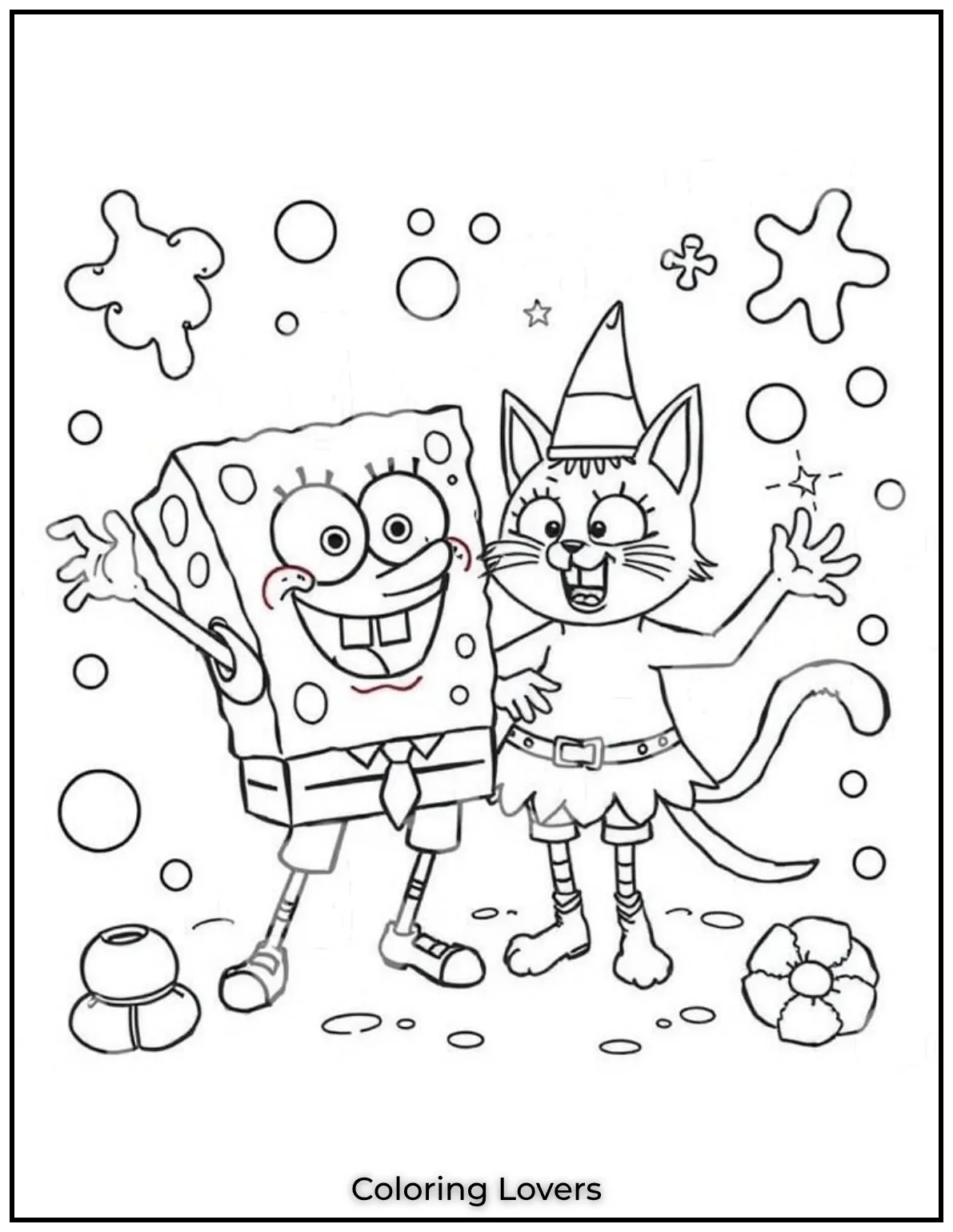 Fun and Free Cat Coloring Pages for Kids and Adults 46 SpongeBob and his bubbly cat buddy are making some magic