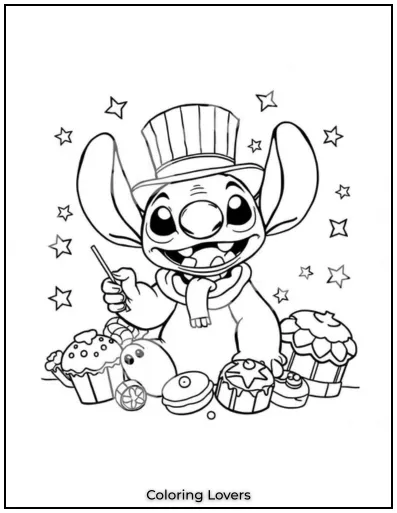 Stitch celebrates in a striped hat with sweet treats and stars all around