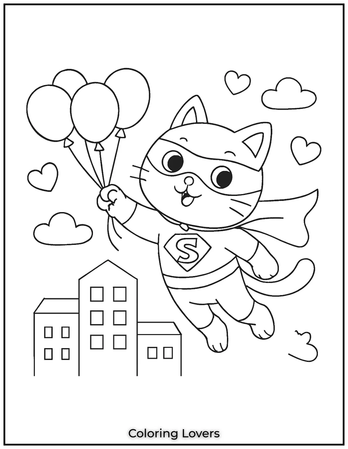 Superhero Cat soars above rooftops cape fluttering saving balloons and hearts. A brave and joyful superhero adventure awaits on this coloring page