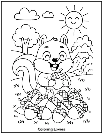 Squirrel Coloring Pages Kids Will Love to Color! 21 Surrounded by a mountain of acorns, this happy squirrel is getting ready for winter.