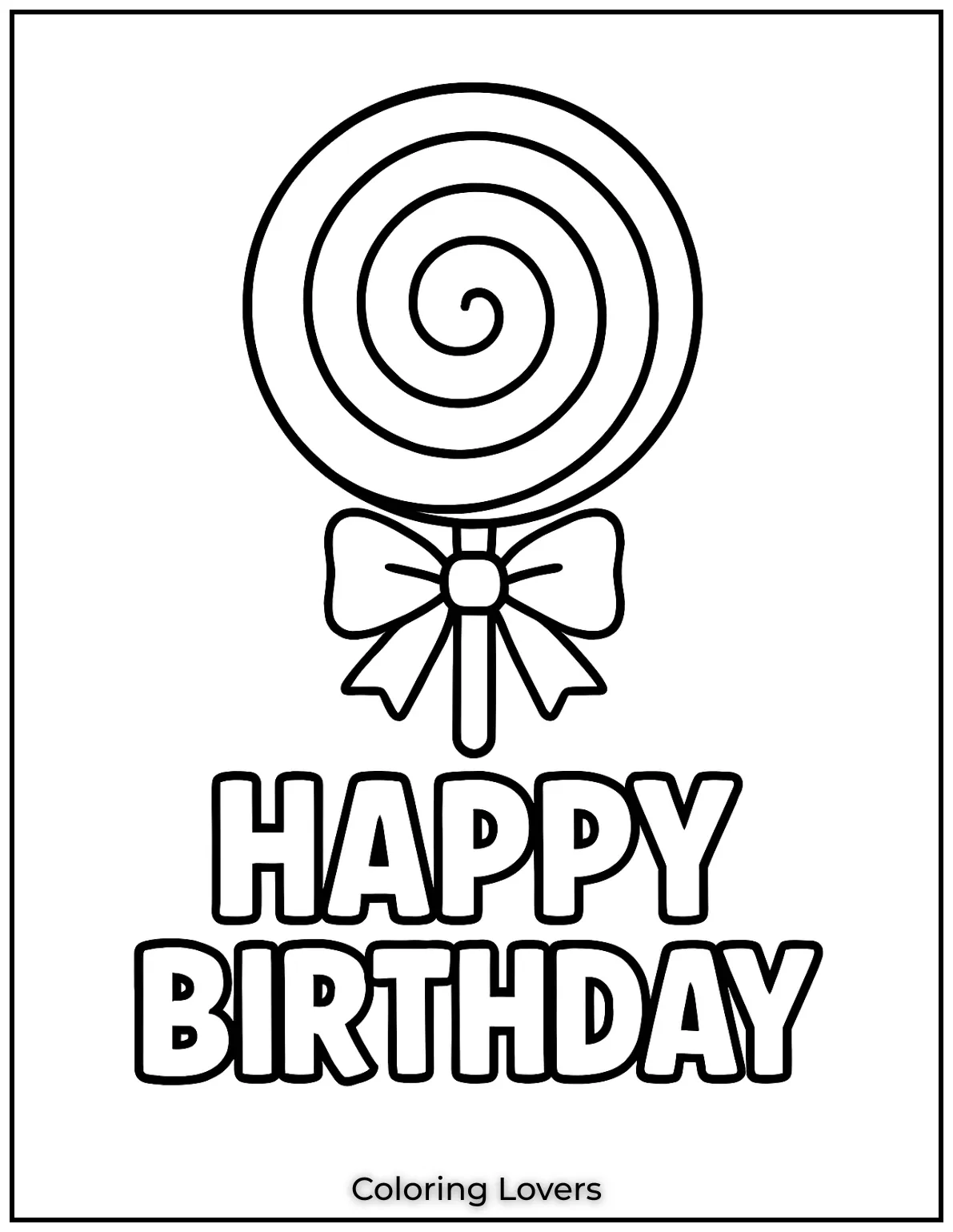 Swirly lollipop and bold Happy Birthday text make this page a sweet but simple treat to color out