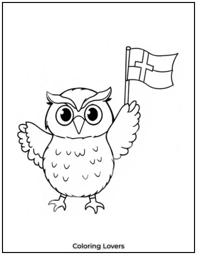The owl waves a flag with a bright look under the sky
