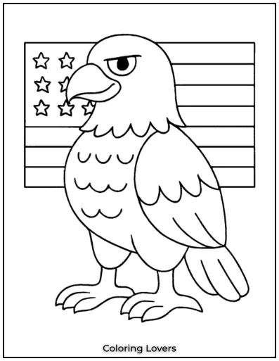 The proud eagle rises with the U.S. flag behind.