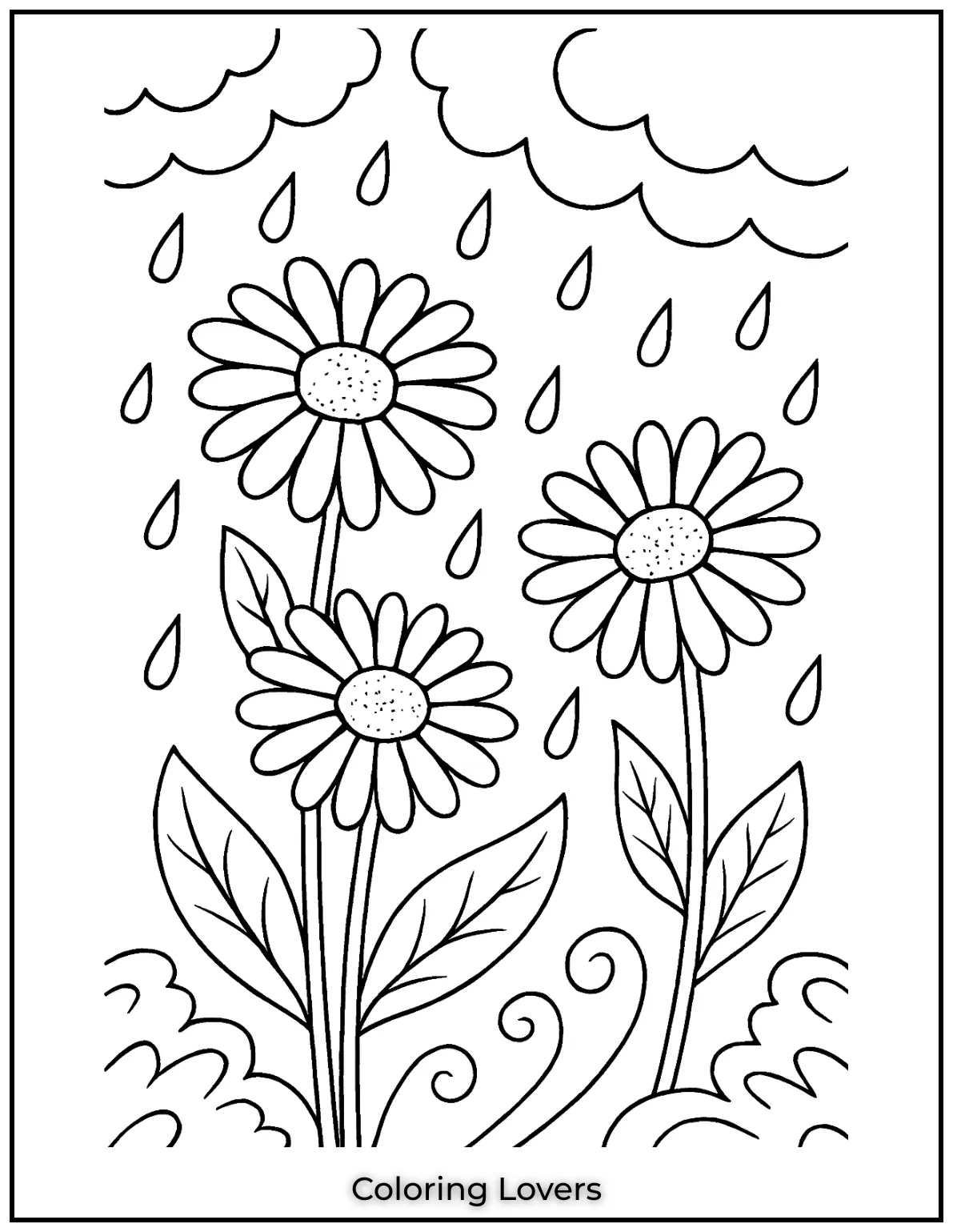 These daisies are standing tall, even in the rain. I created this scene to show the beauty of nature, no matter the weather, and it’s a fun coloring page for girls.