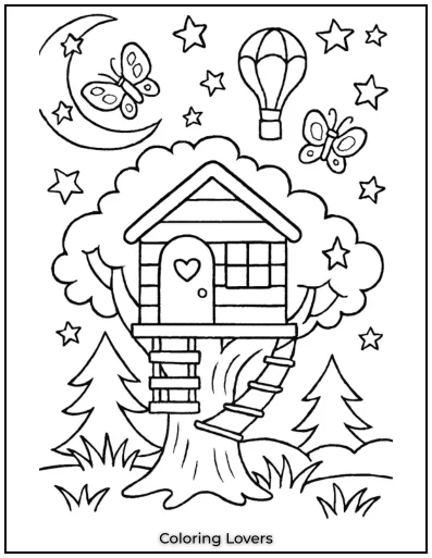 These treehouse coloring page feature a dreamy treetop home. Hot air balloons and butterflies float in the starry sky.