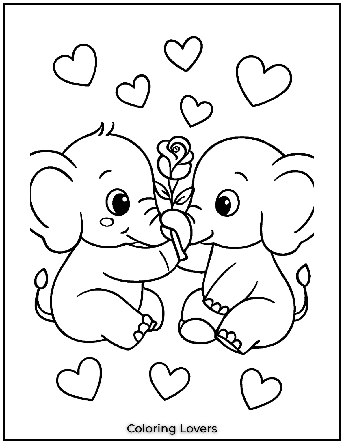 These two adorable elephants holding a rose with their trunks and surrounded by hearts