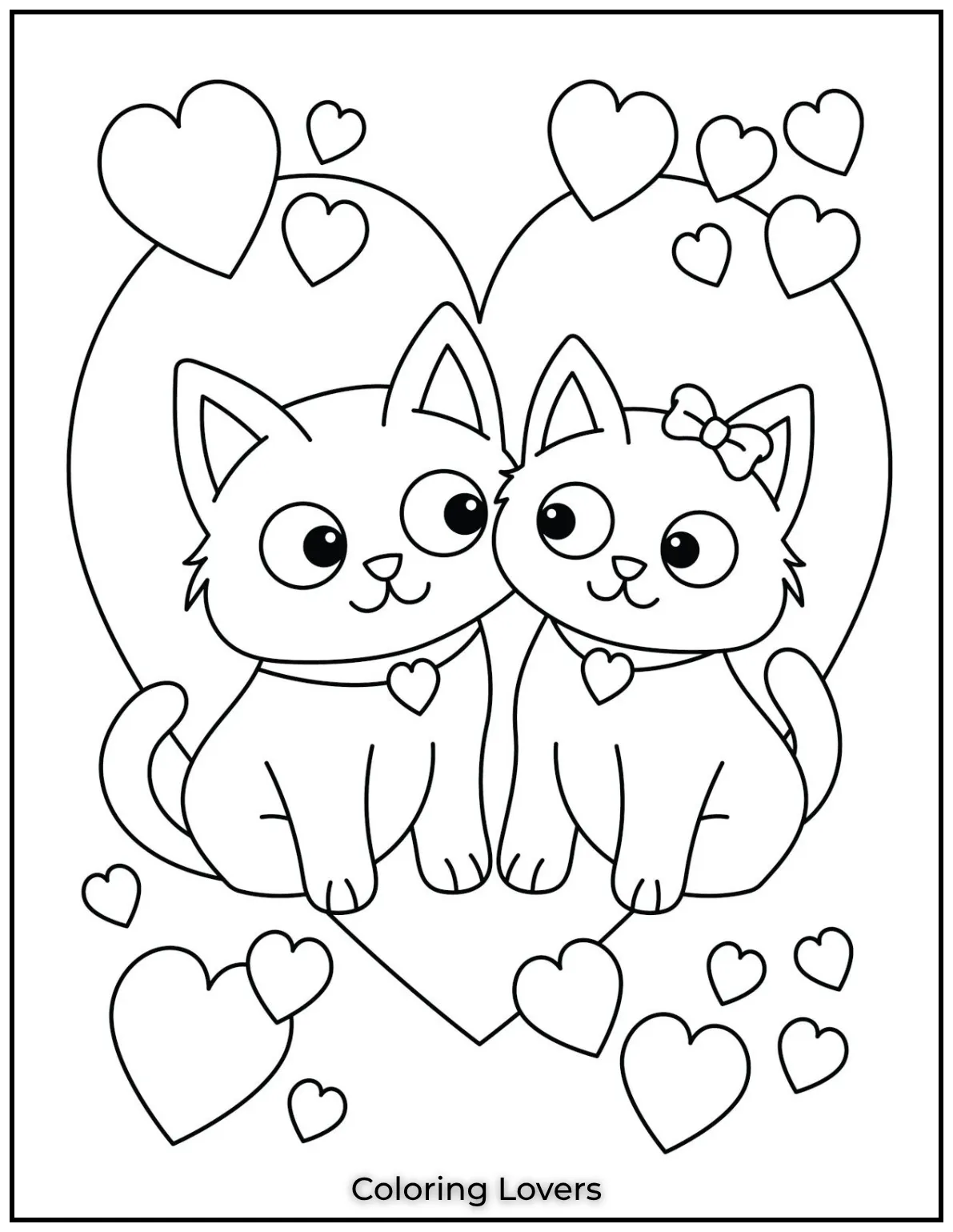 Fun and Free Cat Coloring Pages for Kids and Adults 8 These two cats share a heartwarming bond their tails forming a perfect heart. A must see cute cat coloring page