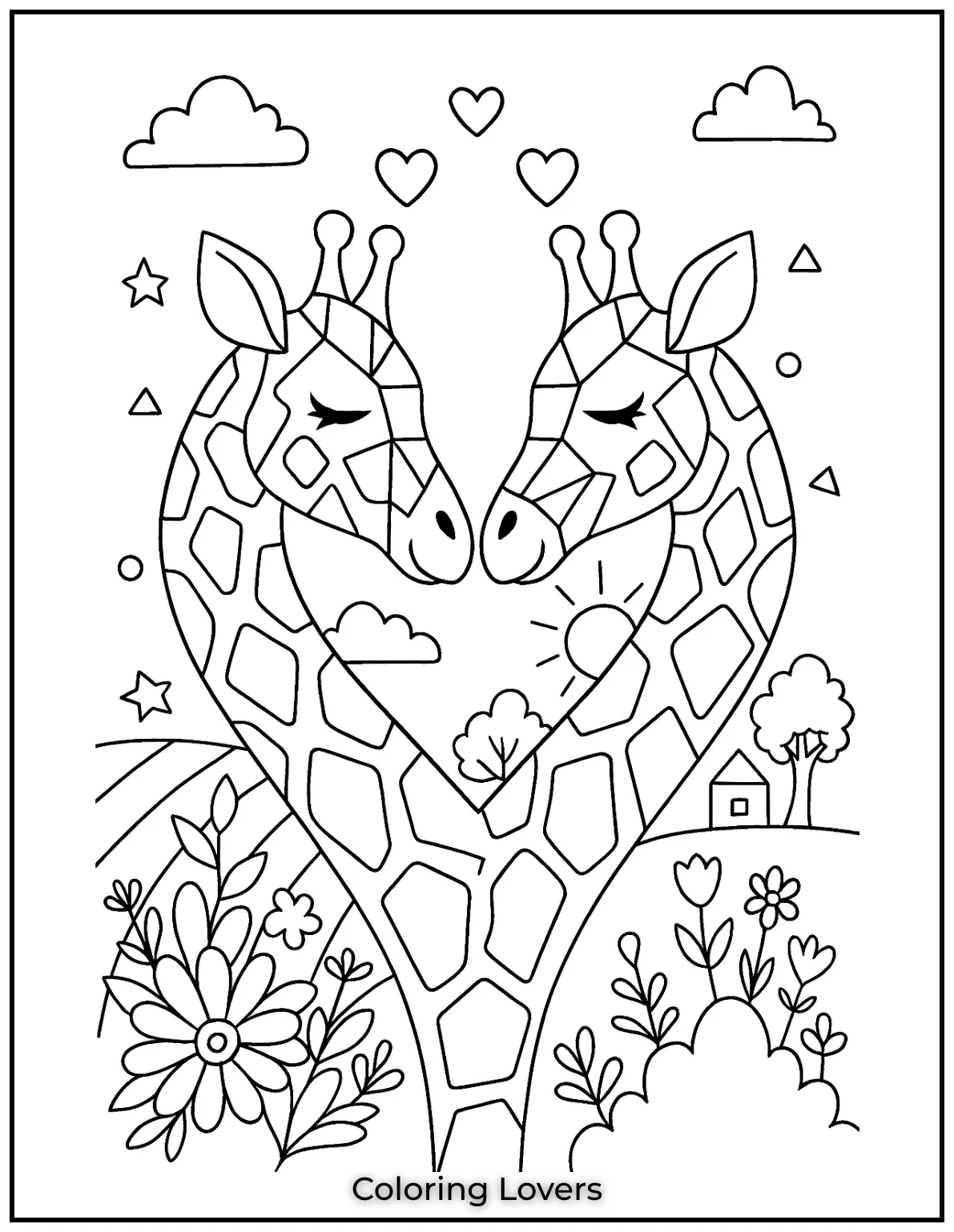 These two giraffes form a loving heart with their necks, offering a sweet and romantic design.