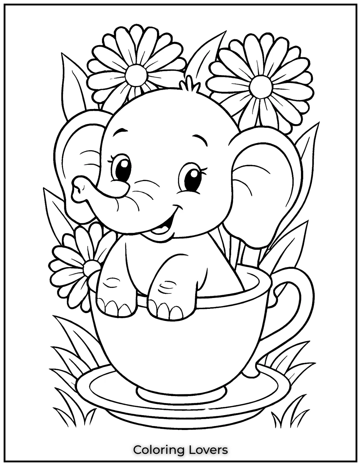 This adorable baby elephant sitting in a teacup is such a delightful elephant coloring page.
