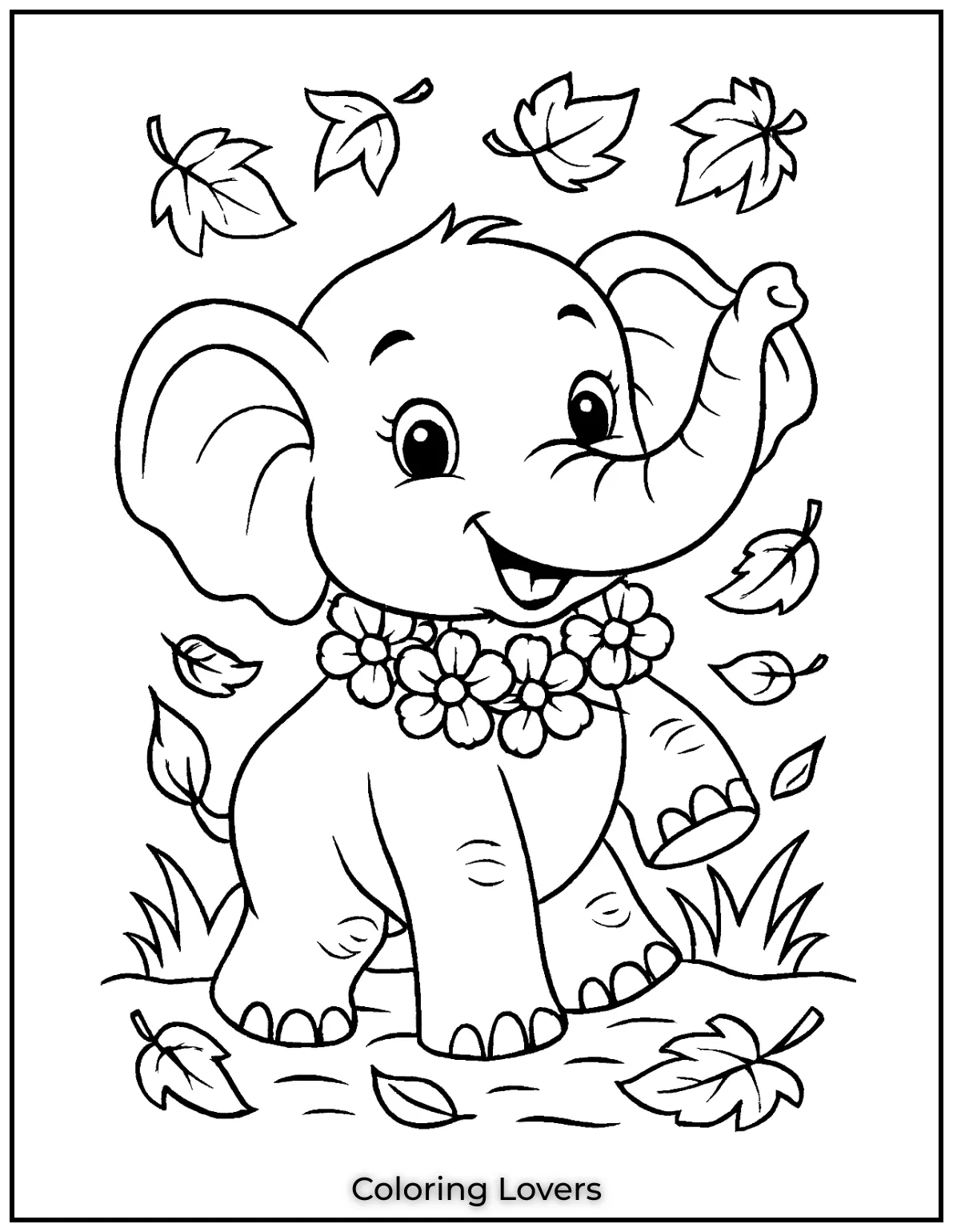 This adorable baby elephant with a flower necklace is ready for some colorful fun!
