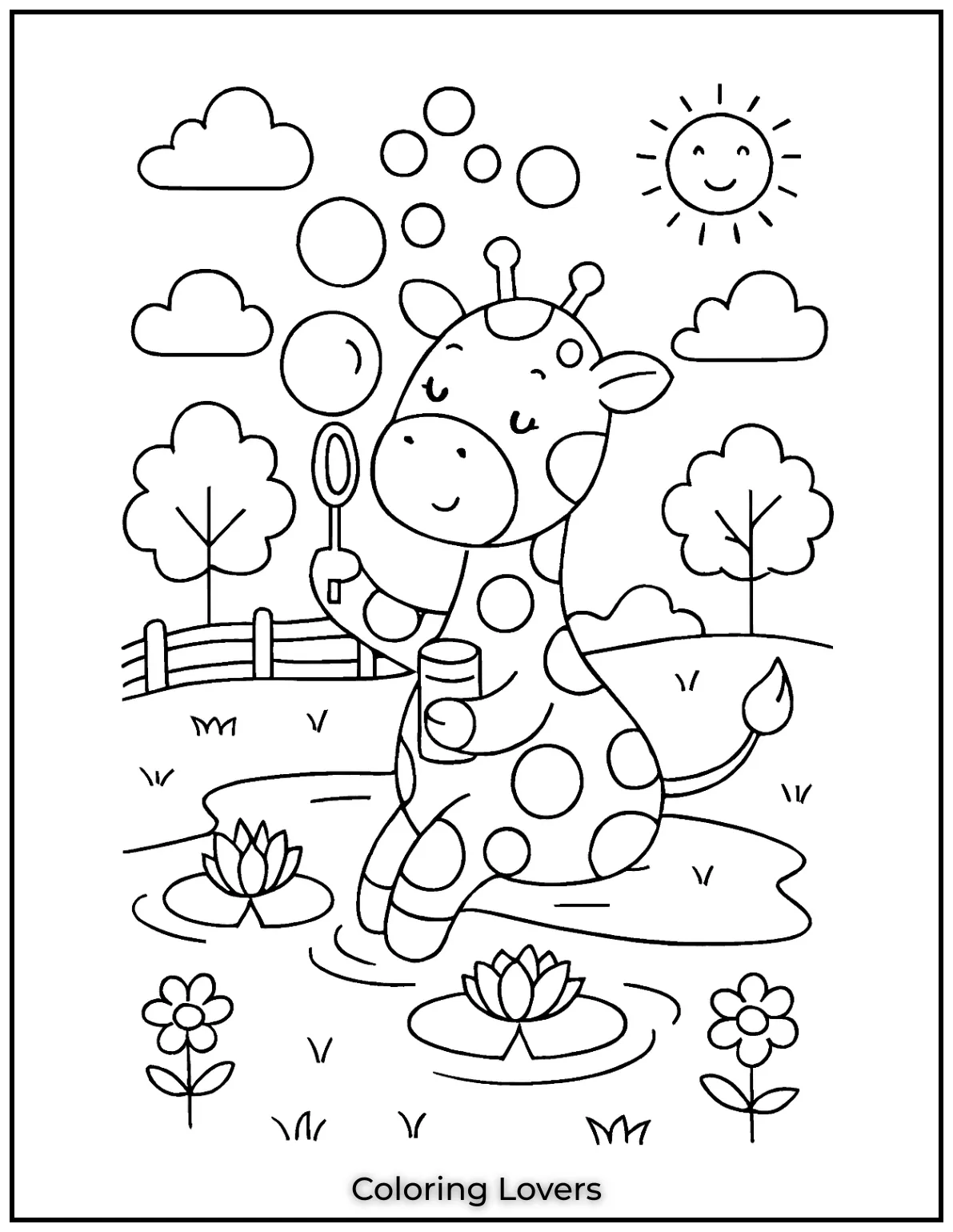 This adorable baby giraffe is blowing bubbles by the pond.