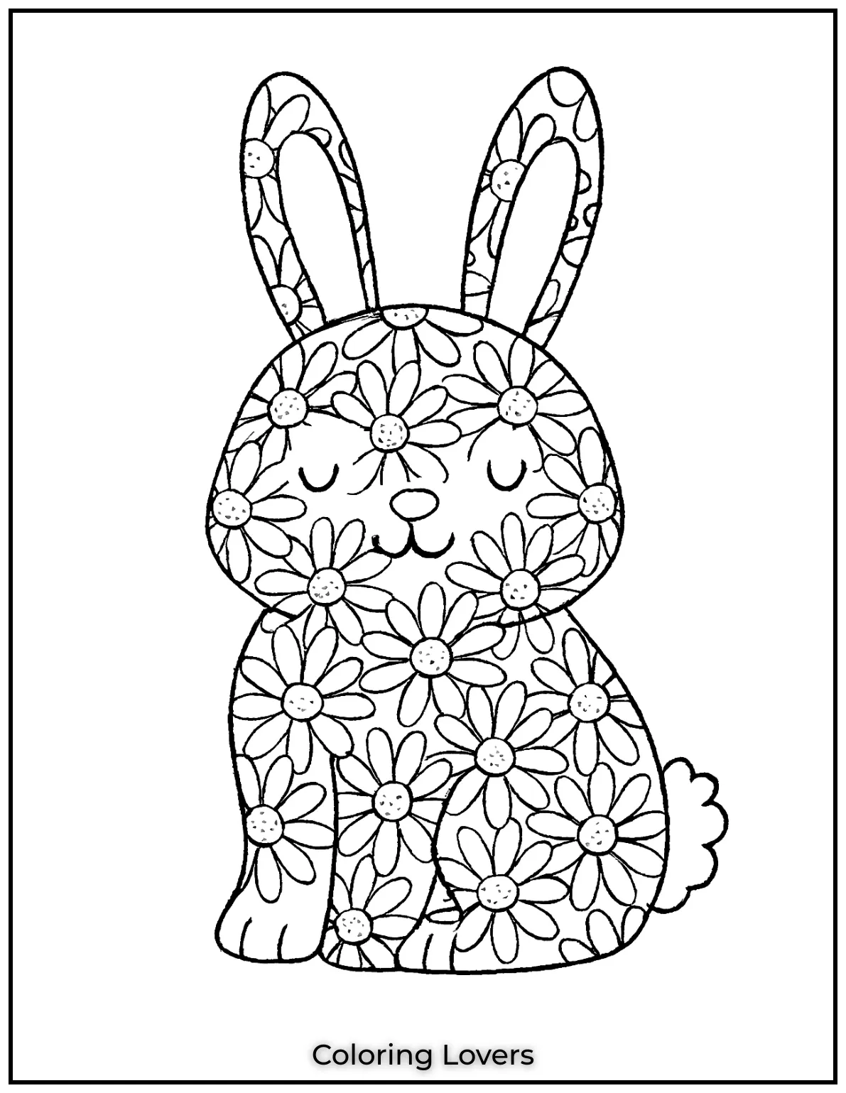 This adorable bunny is filled with daisy patterns, making it a perfect daisy coloring page for anyone who loves animals and nature!