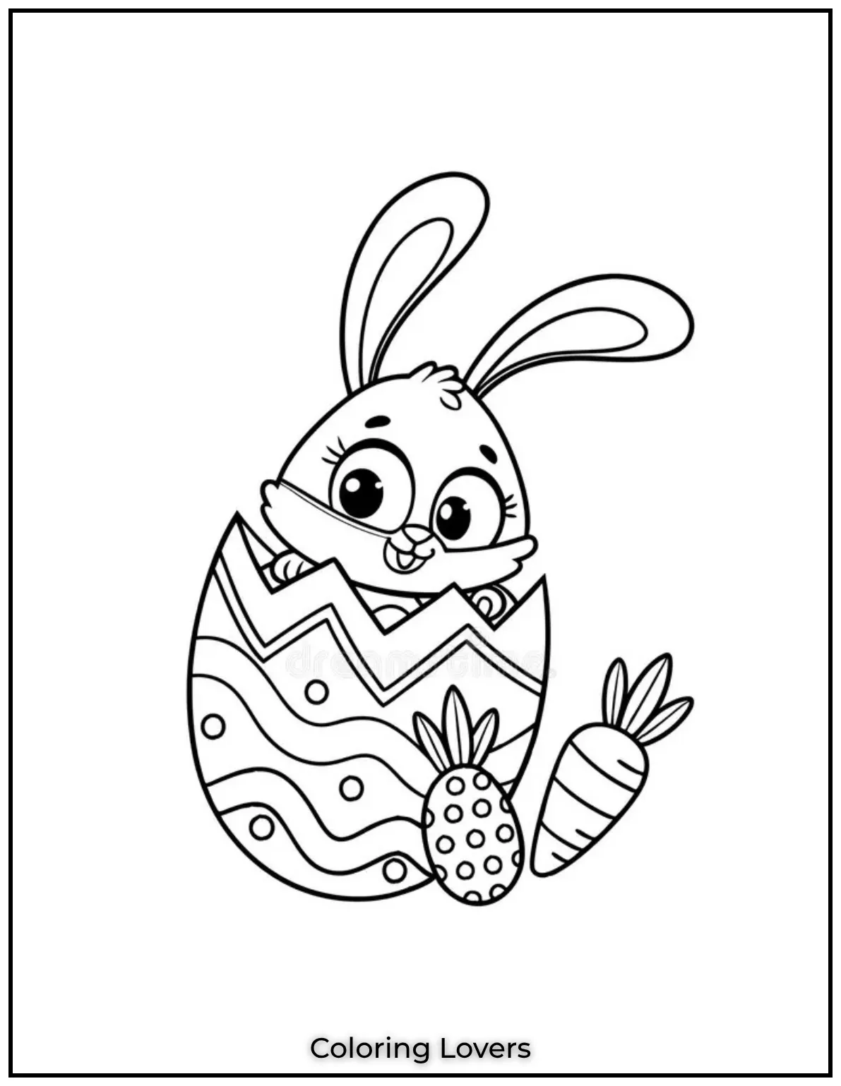 This adorable bunny peeks out from a giant decorated egg. Flowers and patterns make it a joyful Easter scene
