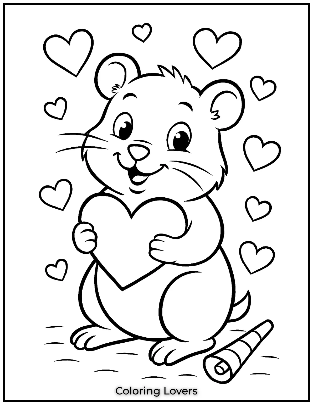 This adorable hamster is surrounded by hearts perfect for a Valentines Day hamster coloring page