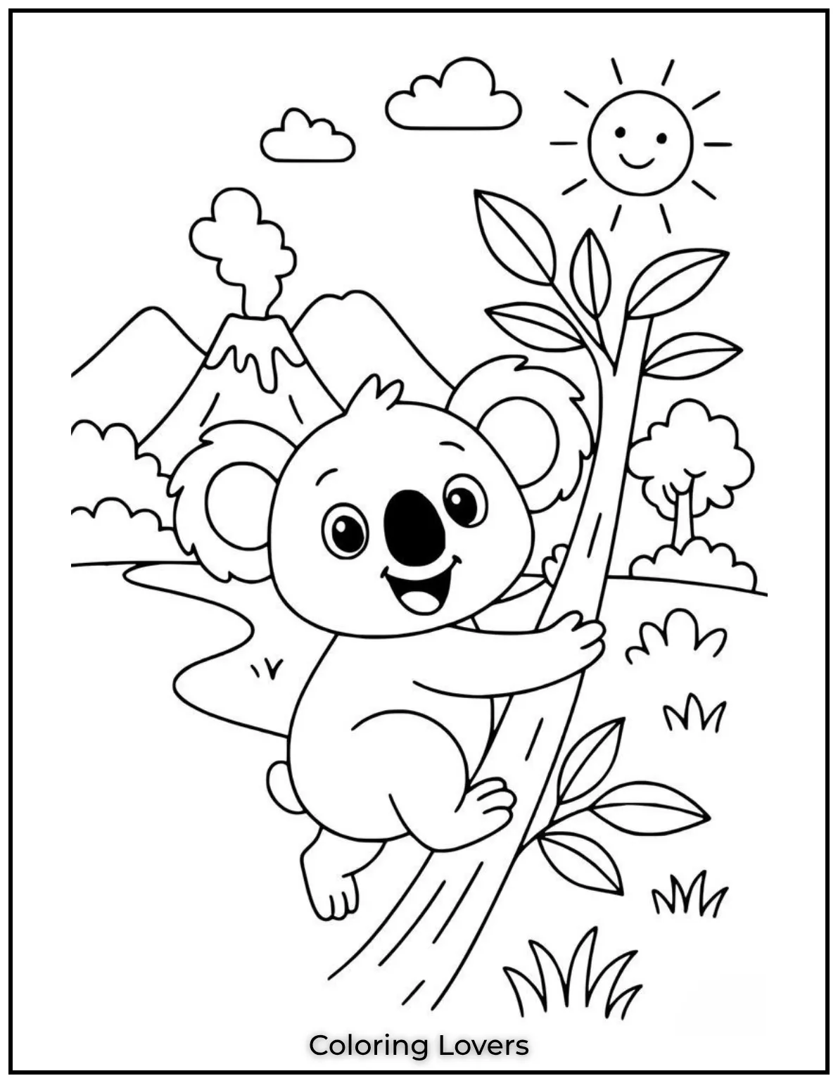 This adorable koala clings to a tree smiling under a sunny sky. A fun coloring adventure for little animal lovers