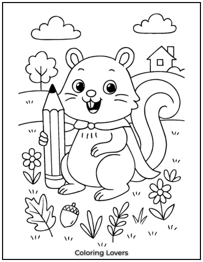 Squirrel Coloring Pages Kids Will Love to Color! 7 This artistic squirrel is holding a pencil, ready to create something fun.