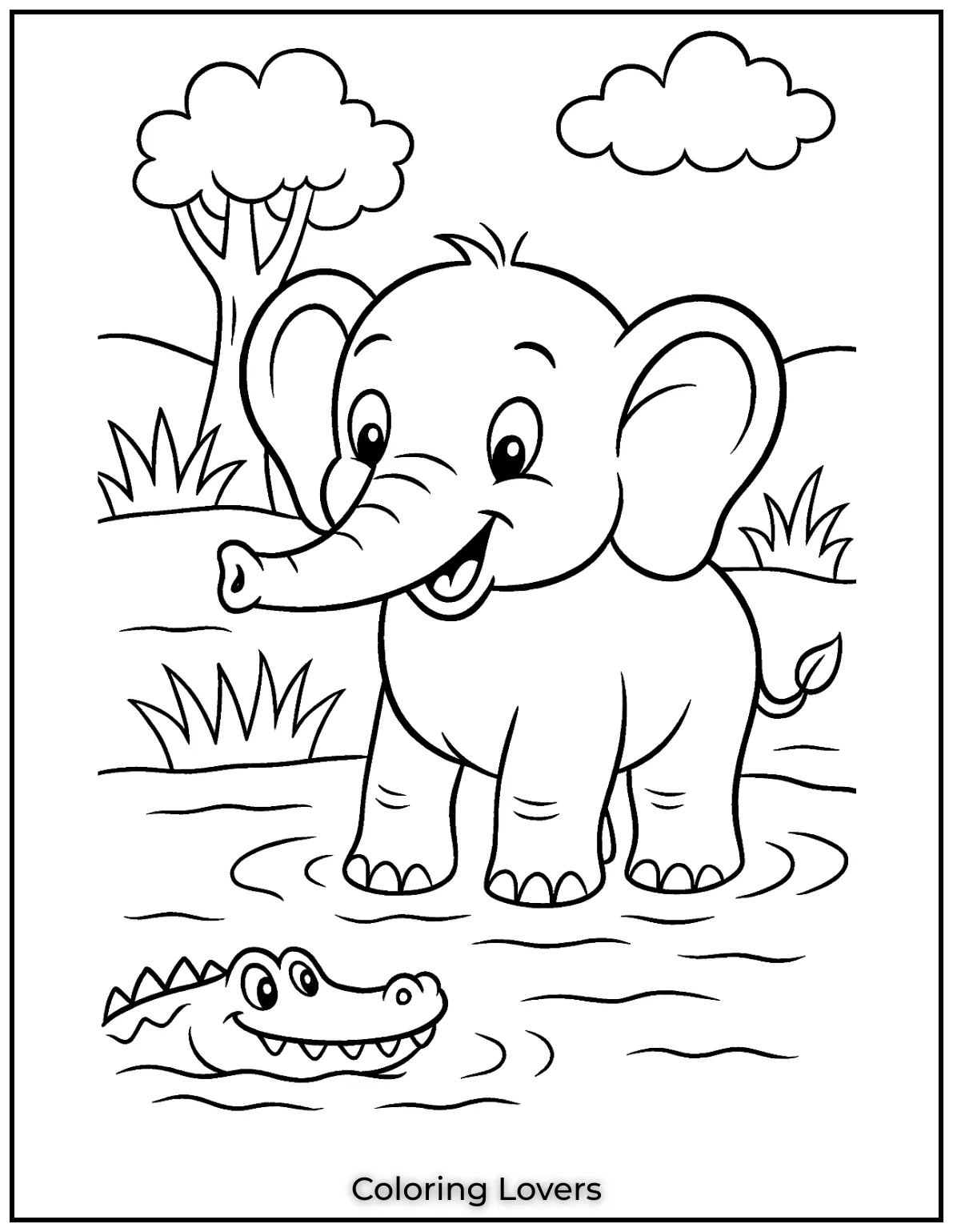This baby elephant standing in water makes for a fun and simple elephant coloring page