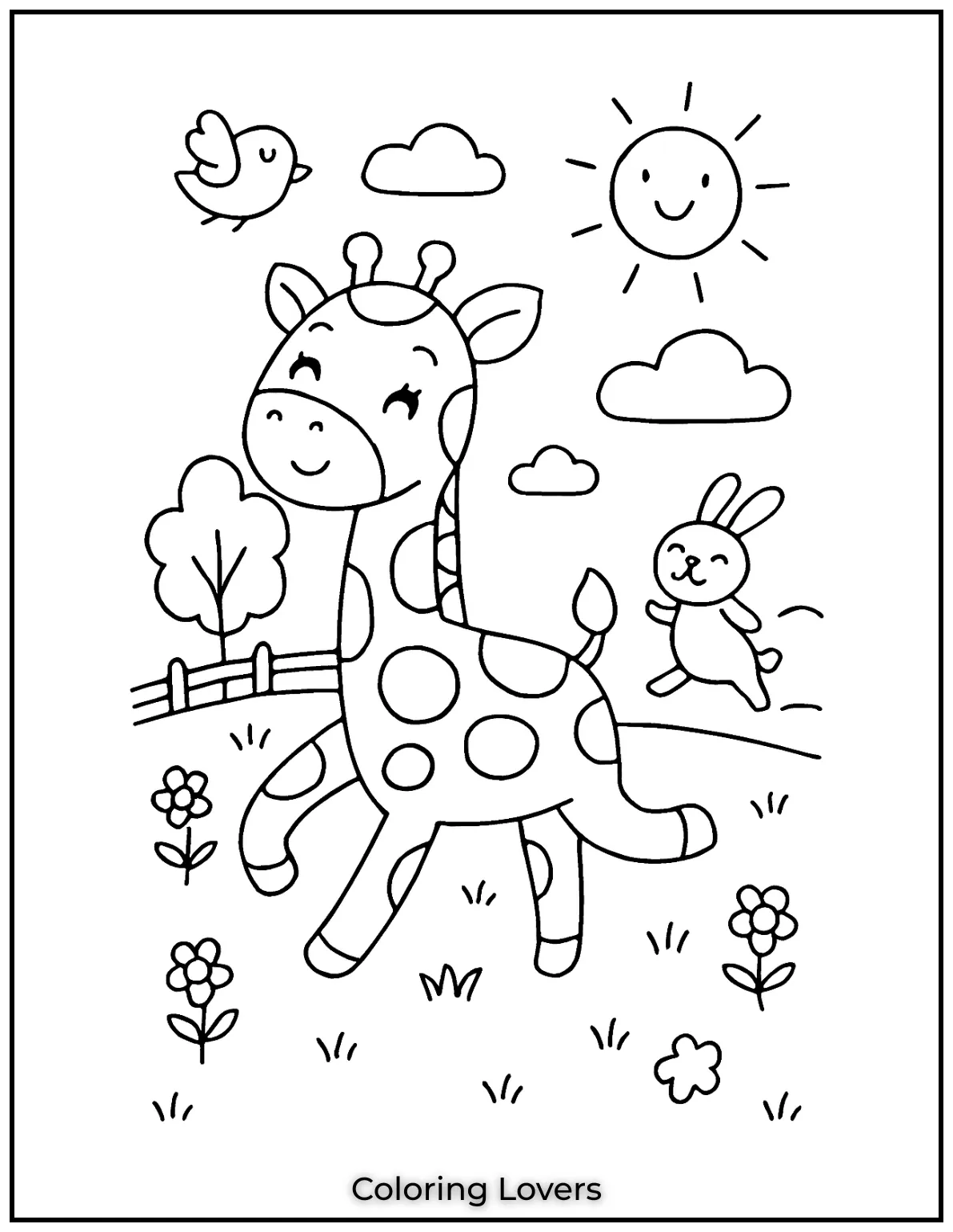 This baby giraffe is enjoying a joyful run with a bird and a bunny.