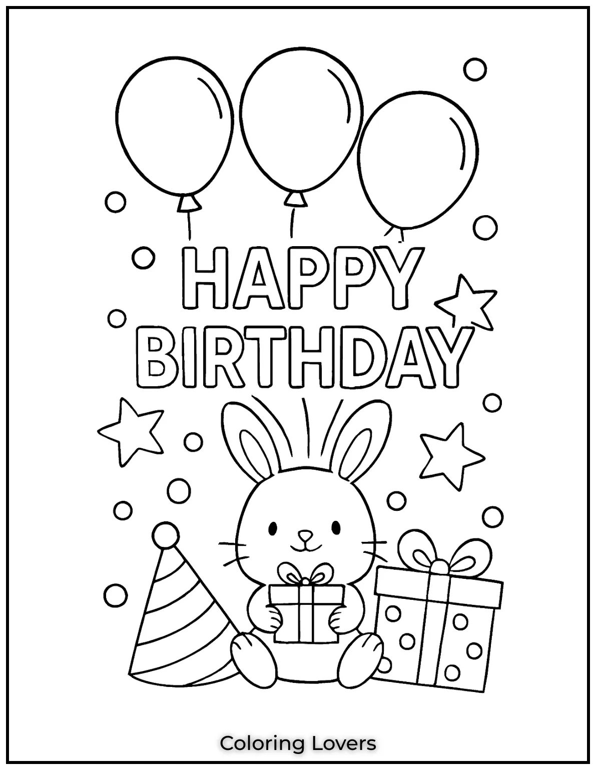 This bunny with piled up presents and balloons is so cute and says Happy Birthday