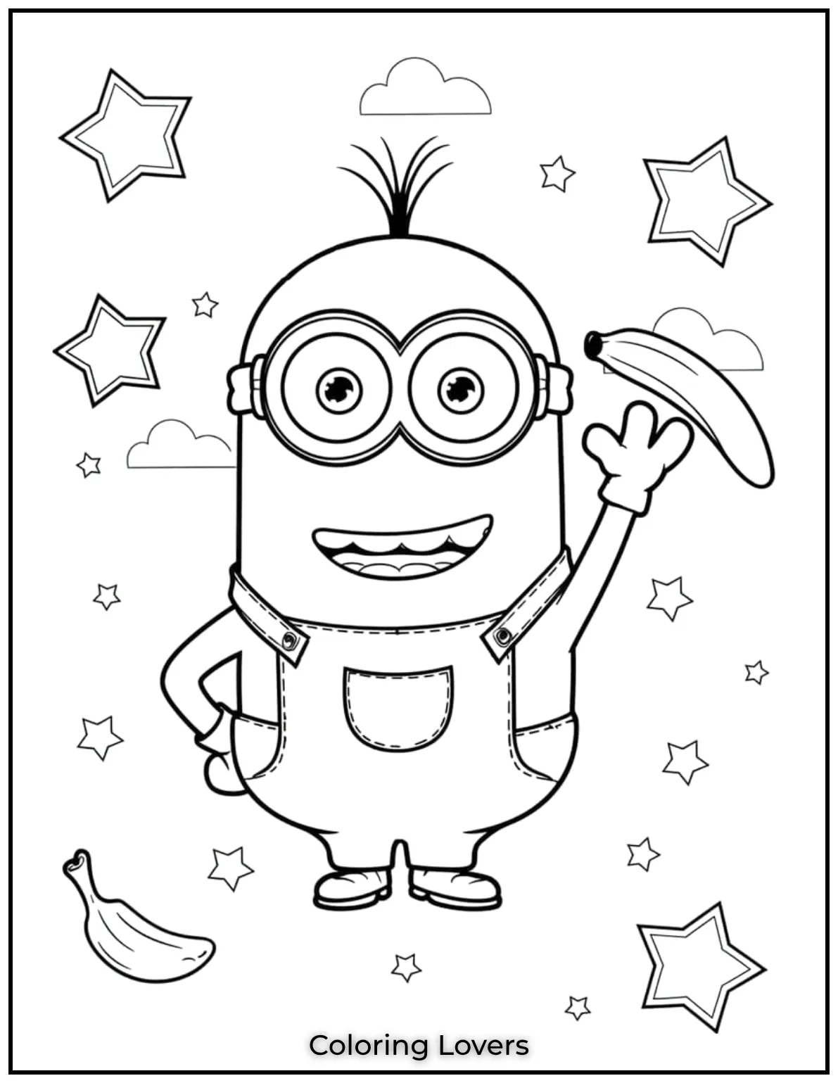 This cheerful Minion smiles wide dreaming of his favorite banana snack. A must have for printable cute coloring pages