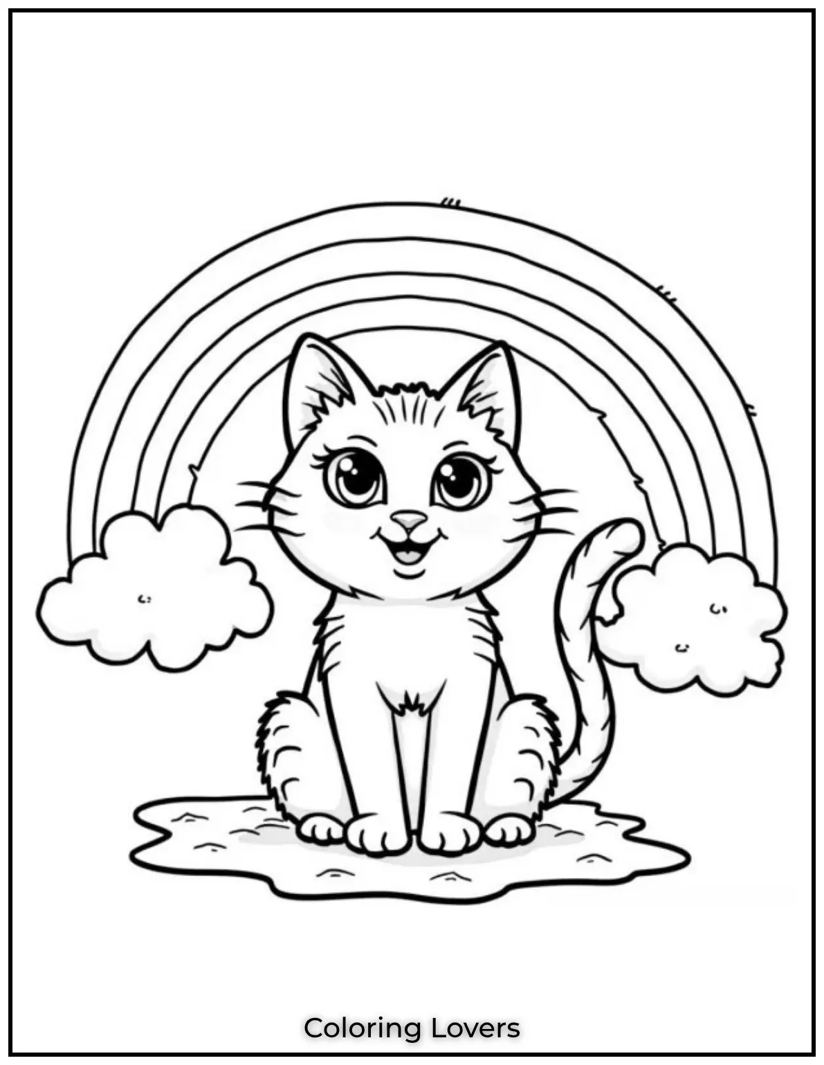 Fun and Free Cat Coloring Pages for Kids and Adults 5 This cheerful cat sits proudly under a rainbow ready to brighten anyones day