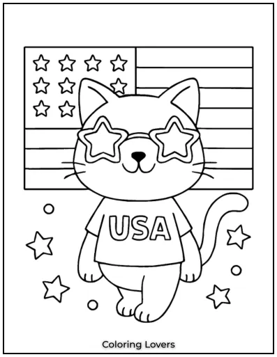 This cool cat rocks star shades in front of the flag. 