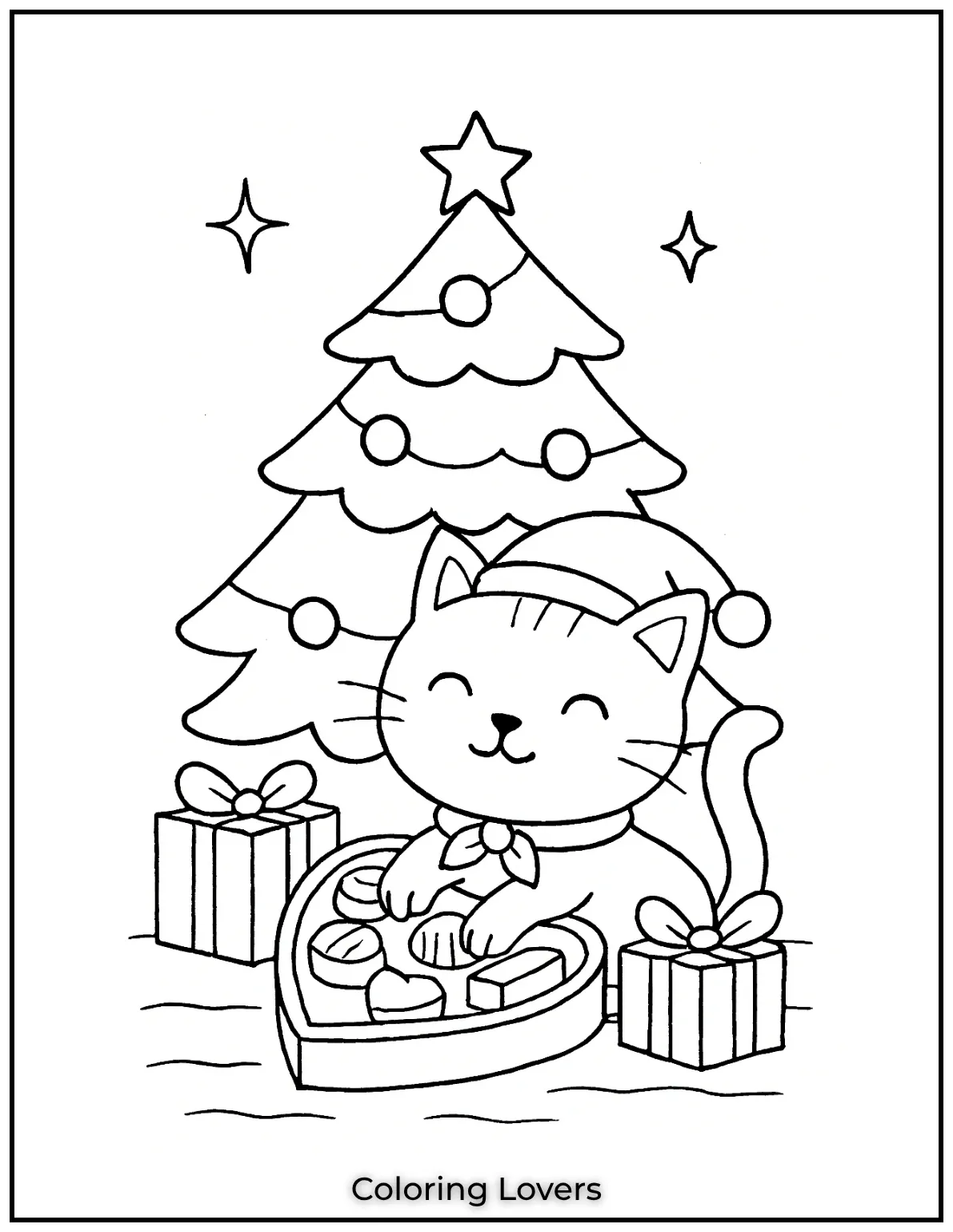 Fun and Free Cat Coloring Pages for Kids and Adults 38 This cozy Christmas cat under the tree will make the holidays even more colorful