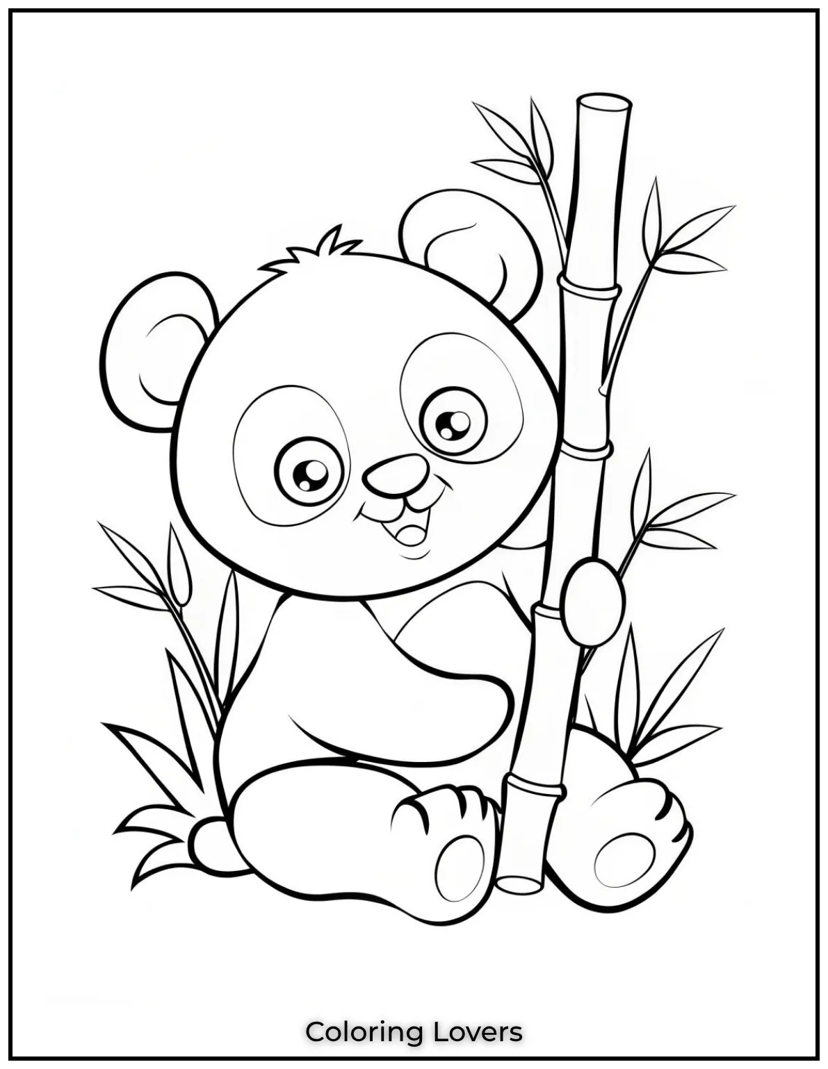 This cuddly panda sits peacefully by a bamboo plant with big curious eyes. A calm and sweet moment to color