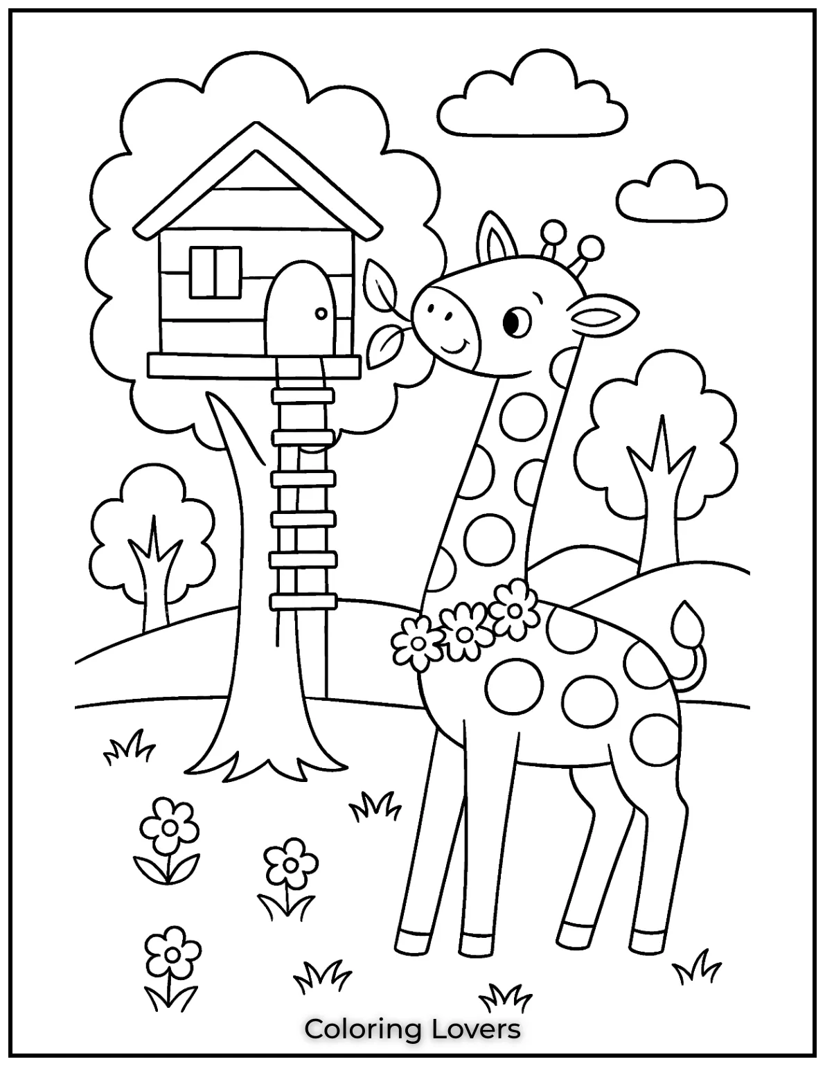 This curious giraffe explores a treehouse, inviting kids to imagine a fun adventure.