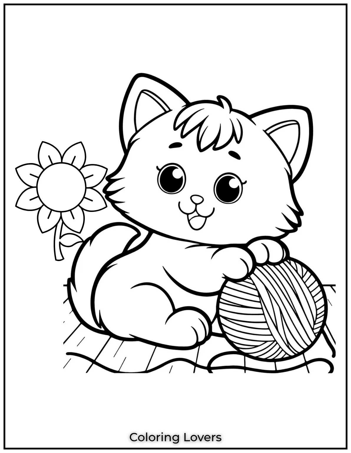 This cute cat looks thrilled with its ball of yarn and a blooming flower. A cheerful moment to brighten up