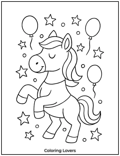 This cute horse prances through balloons and stars