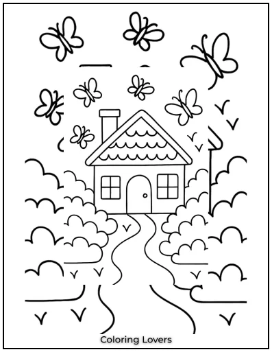 This cute house is surrounded by fluttering butterflies, making it a cheerful and lively place to bring to life with colors.