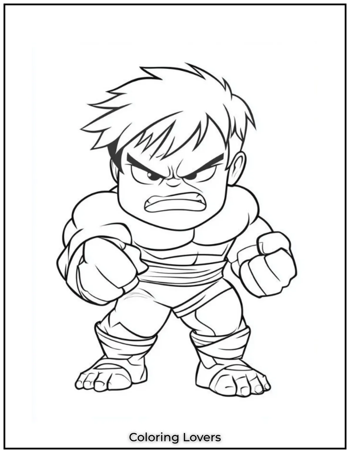 This cute little Hulk shows off his strong muscles and big smile. A fun and energetic scene for kids to color