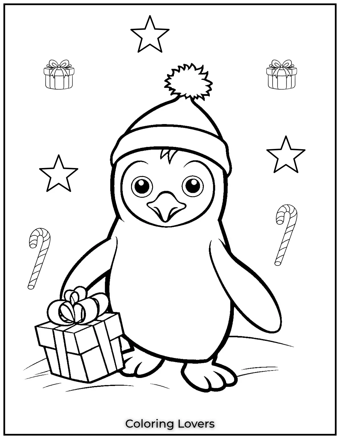 This cute penguin holds a wrapped gift with joy in its eyes. Such a perfect winter friend to color