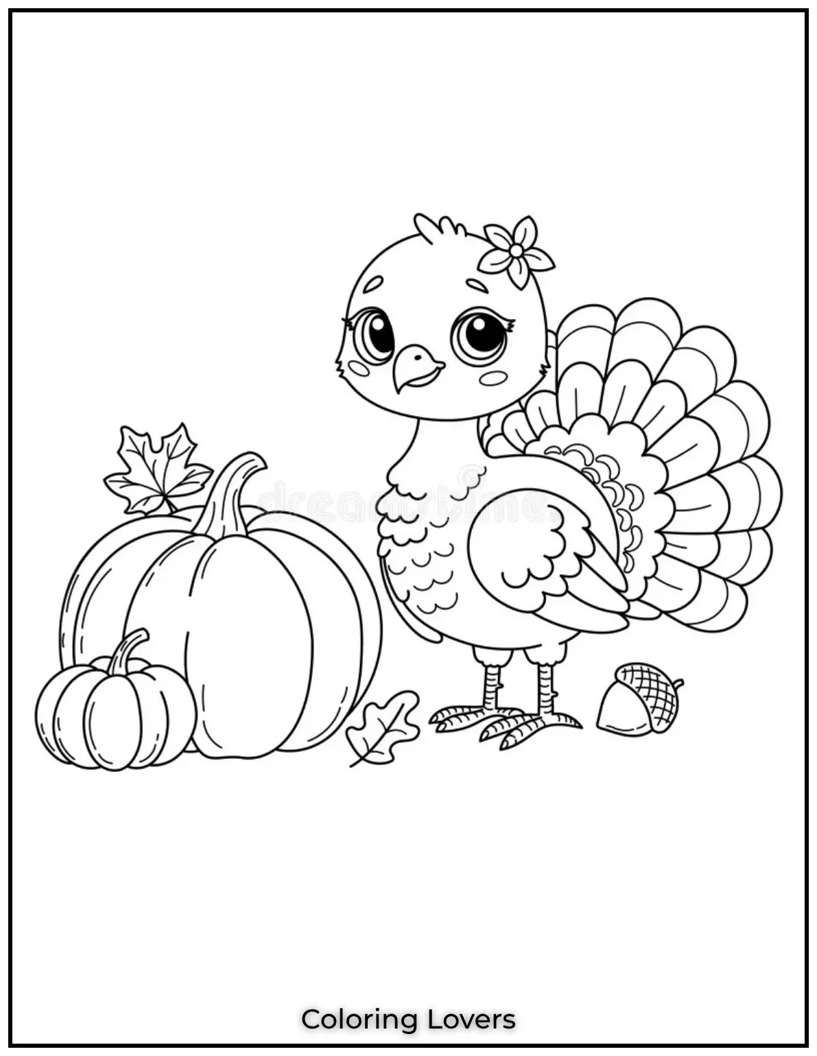 This cute turkey with its big feathers and pumpkins celebrates fall. A festive friend for Thanksgiving fun