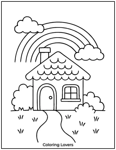 This delightful house coloring page features a cozy home under a rainbow, waiting for bright and cheerful colors.