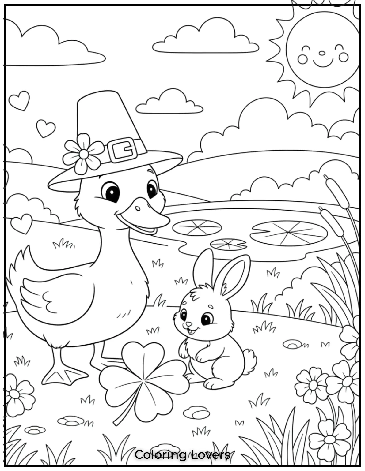 Duck Coloring Pages That Kids Like the Most 35 This duck coloring page shows a duck and bunny admiring a clover—inviting kids to add bright colors to their friendship